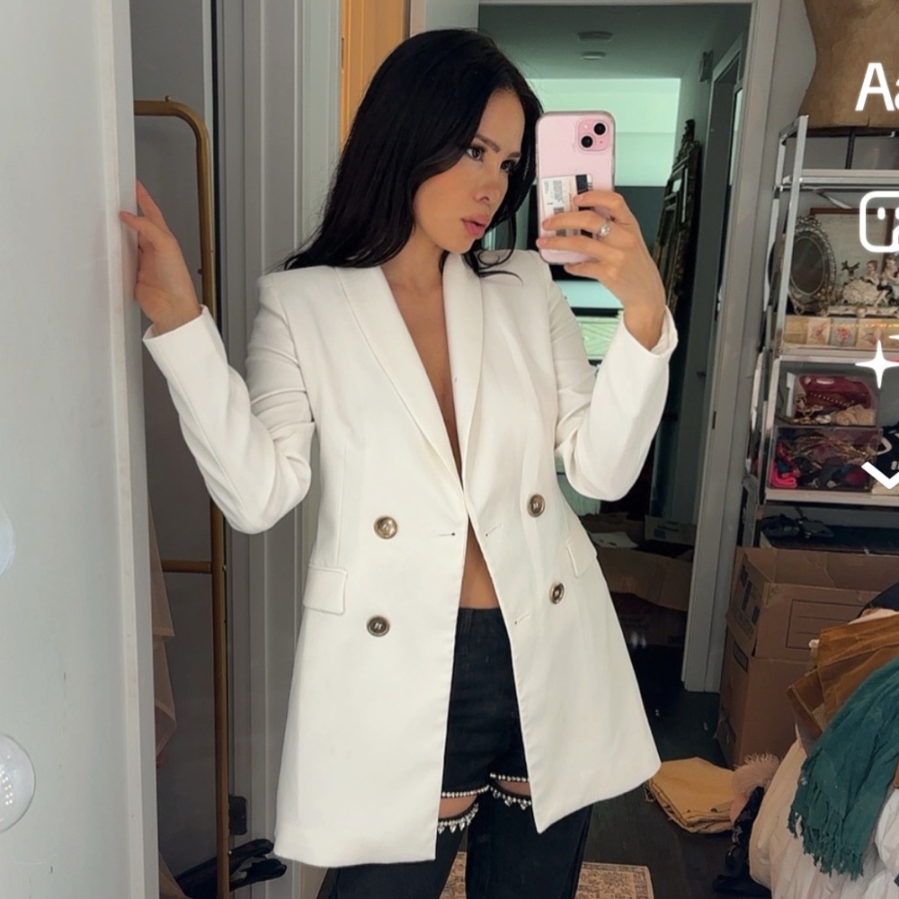 Zara White Double-Breasted Long Blazer